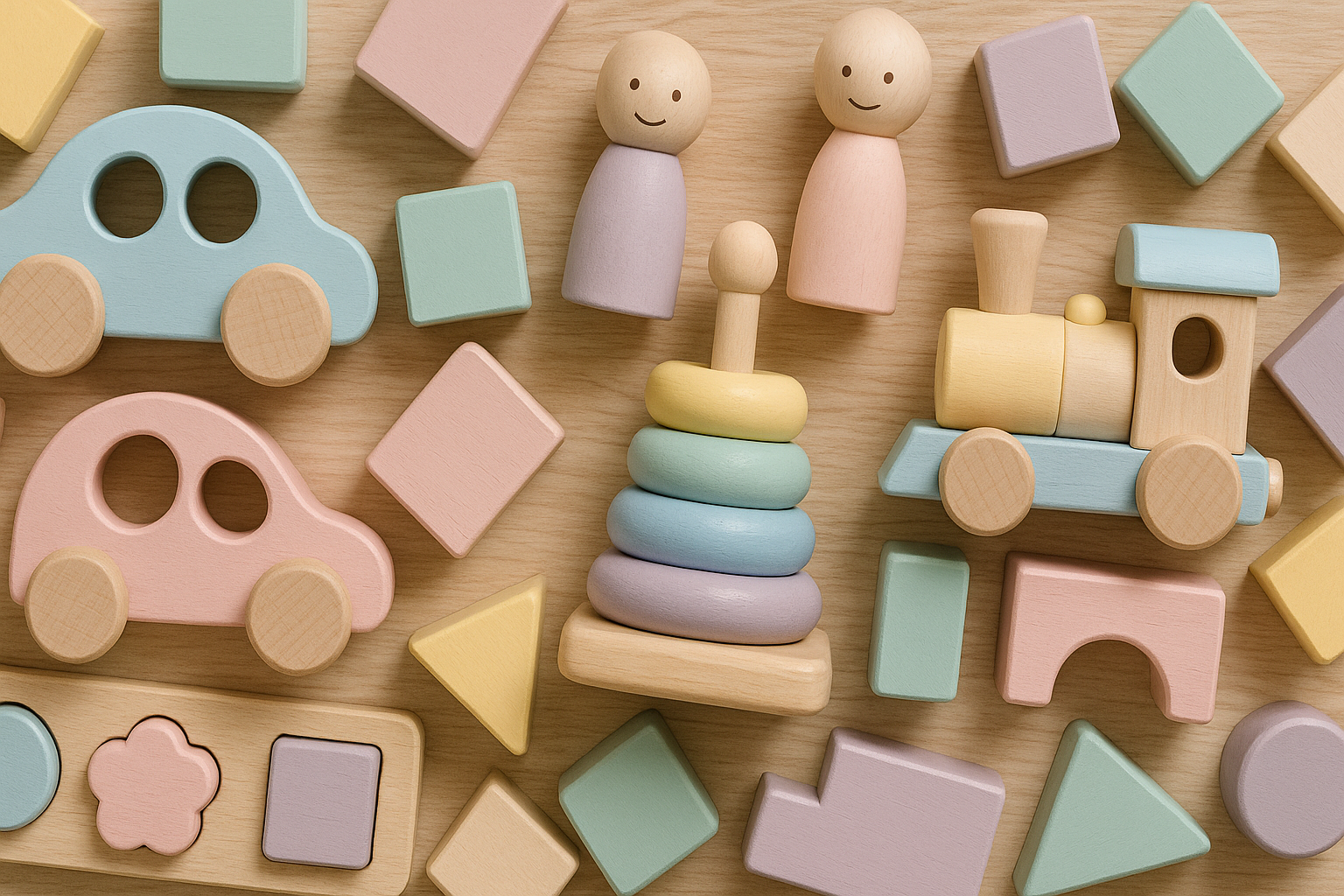 Wooden toys in pastel colors